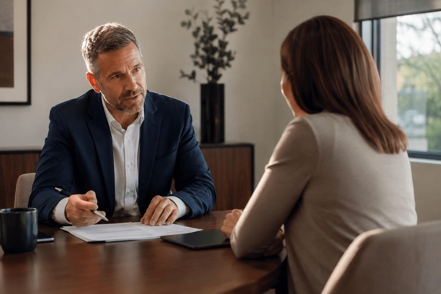 Business consultant and small business owner in conversation