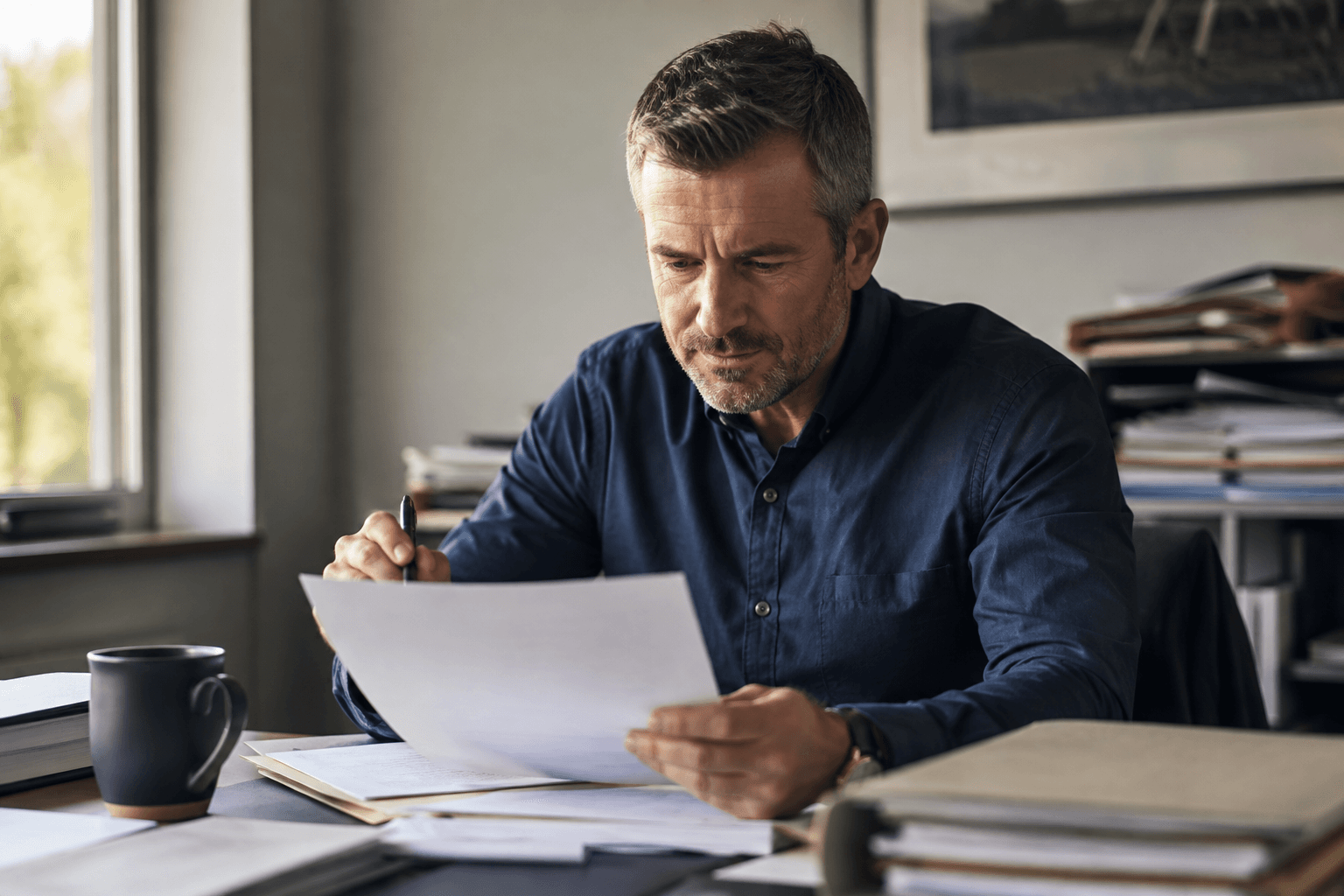 Business owner reviewing a printed AI assessment report at their desk