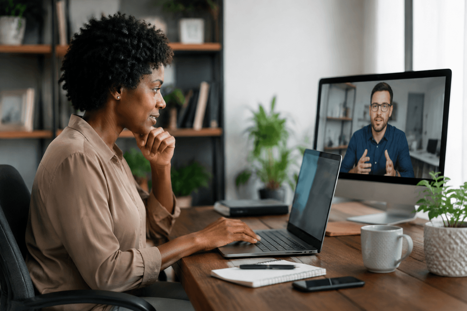 Small business owner working with a coach on a video call