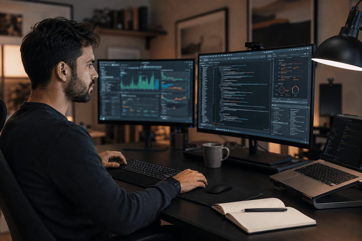Technical consultant building software at a desk with multiple monitors