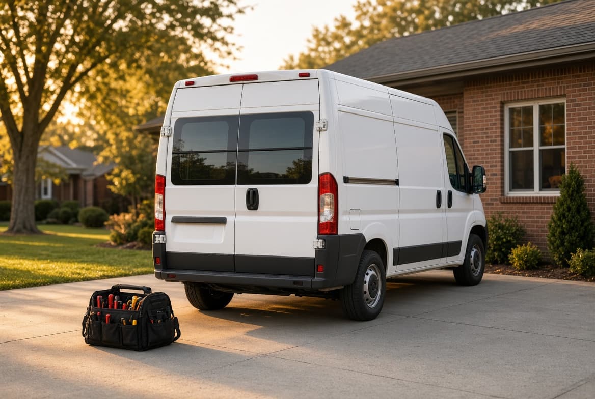 Service van in a residential driveway at late afternoon
