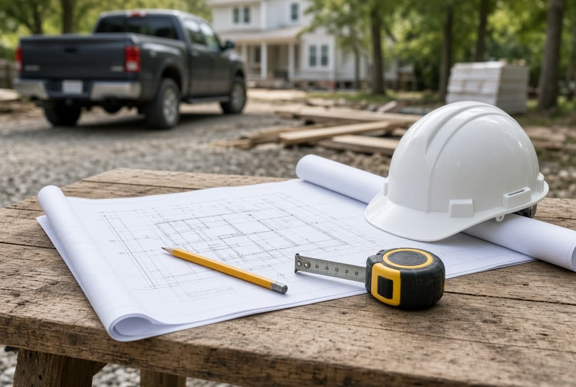 Jobsite table with plans and tools