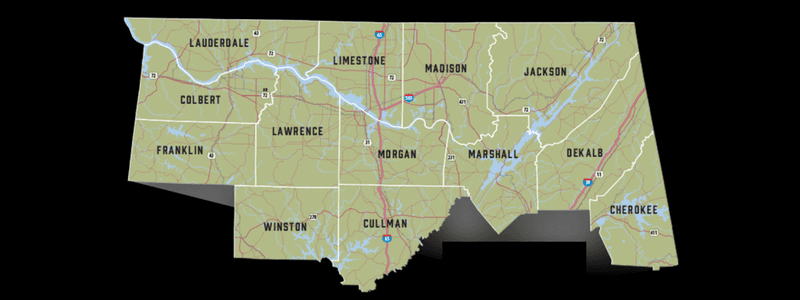 Stylized map of Huntsville, Madison, Decatur and surrounding North Alabama communities
